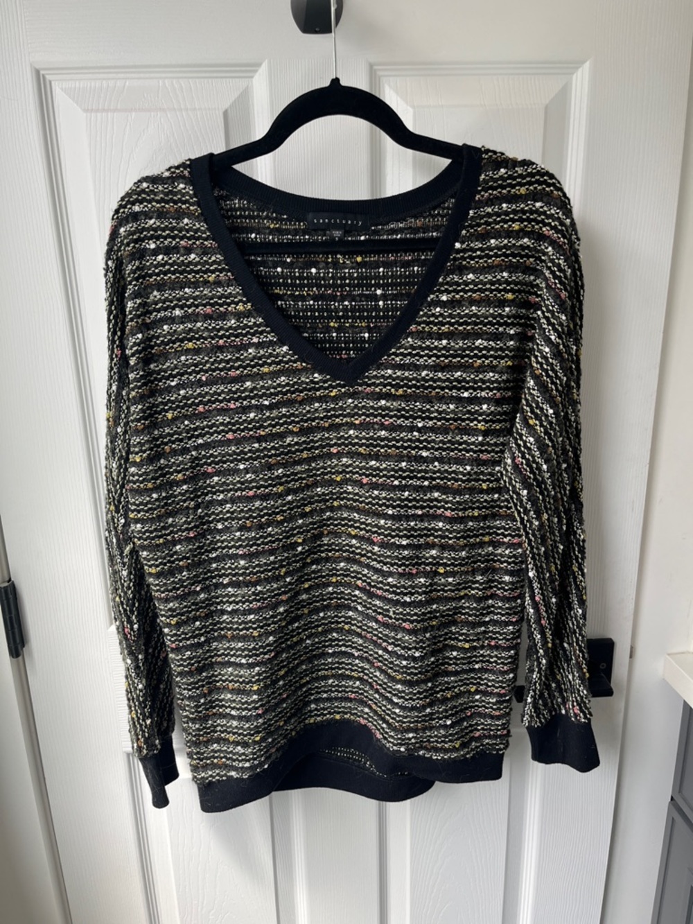 Sanctuary Black Open-Knit V-Neck Sweater with Multicolor Flecks